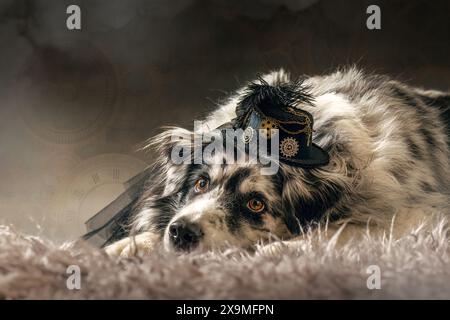 A cute australian shepherd dog cosplay dressed in a steampunk setting, studio shot Stock Photo