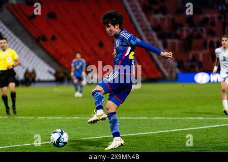 Mendoza, Argentina. 27th May, 2023. Estadio Mendoza Mendoza, Argentina - May 27: Taisei Abe of Japan passes the ball during FIFA U-20 World Cup Argentina 2023 Group C match between Japan and Israel at Mendoza Stadium on May 27, 2023 in Mendoza, Argentina. (Photo by SPP) (Eurasia Sport Images/SPP) Credit: SPP Sport Press Photo. /Alamy Live News Stock Photo