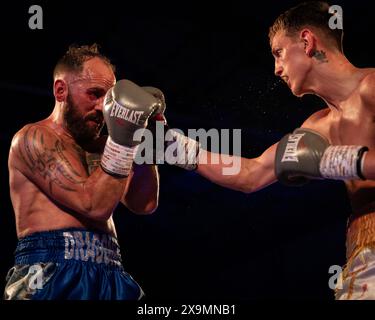 Cardiff, UK. 01st June, 2024. Jake Tinklin V Angelo Dragone boxing match fight for the Super Lightweight Championship of Wales for Sanigar Events and West Country Boxing at the Vale Sports Arena, Cardiff, Wales. Credit: sashshots/Alamy Live News Stock Photo