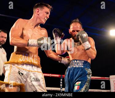 Cardiff, UK. 01st June, 2024. Jake Tinklin V Angelo Dragone boxing match fight for the Super Lightweight Championship of Wales for Sanigar Events and West Country Boxing at the Vale Sports Arena, Cardiff, Wales. Credit: sashshots/Alamy Live News Stock Photo