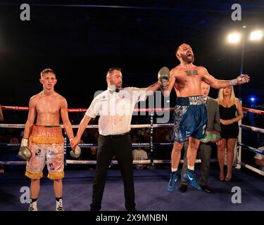 Cardiff, UK. 01st June, 2024. Jake Tinklin V Angelo Dragone boxing match fight for the Super Lightweight Championship of Wales for Sanigar Events and West Country Boxing at the Vale Sports Arena, Cardiff, Wales. Credit: sashshots/Alamy Live News Stock Photo