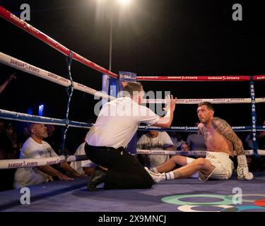 Cardiff, UK. 01st June, 2024. Ethan George V Ryan Pocock boxing match fight for the Super Middleweight Championship of Wales for Sanigar Events and West Country Boxing at the Vale Sports Arena, Cardiff, Wales. Credit: sashshots/Alamy Live News Stock Photo