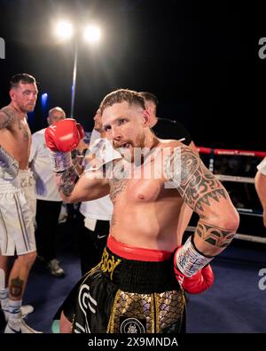 Cardiff, UK. 01st June, 2024. Ethan George V Ryan Pocock boxing match fight for the Super Middleweight Championship of Wales for Sanigar Events and West Country Boxing at the Vale Sports Arena, Cardiff, Wales. Credit: sashshots/Alamy Live News Stock Photo