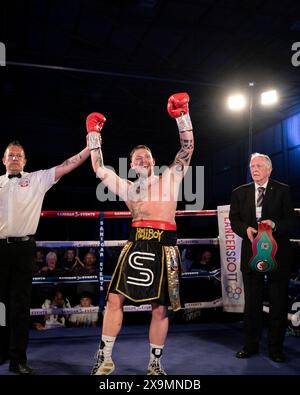 Cardiff, UK. 01st June, 2024. Ethan George V Ryan Pocock boxing match fight for the Super Middleweight Championship of Wales for Sanigar Events and West Country Boxing at the Vale Sports Arena, Cardiff, Wales. Credit: sashshots/Alamy Live News Stock Photo