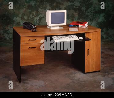 Retro computers in office, laboratory settings, showcasing early desktop technology, vintage monitors, keyboards, classic workplace computing environment Stock Photo