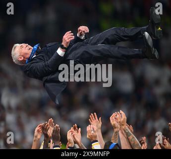 London, UK. 01 Jun 2024 - Borussia Dortmund v Real Madrid - UEFA Champions League Final - Wembley.  Real Madrid Head Coach Carlo Ancelotti is thrown up in the air in celebration by his players as Real Madrid win the Champions League in London.  Picture : Mark Pain / Alamy Live News Stock Photo