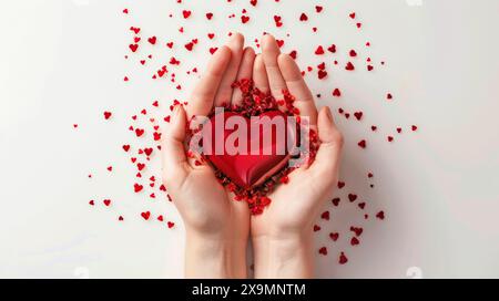 A red heart surrounded by small hearts held in hands against a white background, with a romantic and delicate feel Stock Photo