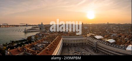 Panorama, St Mark's Square and Basilica di Santa Maria della Salute on the Grand Canal at sunset, view from the Campanile di San Marco bell tower Stock Photo