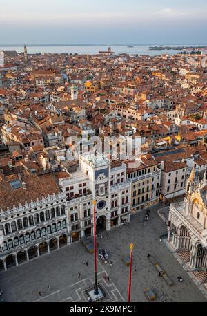 St Mark's clock tower on St Mark's Square, view from the Campanile di San Marco bell tower, city view of Venice, Veneto, Italy Stock Photo