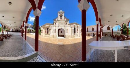 Panoramic photo of historical orthodox church monastery church Zoodochos Pege in Byzantine style from 14th century in today's nunnery monastery of Stock Photo