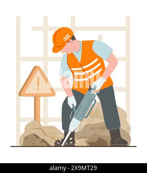 Construction Worker Man Using a Jackhammer to Break Up Concrete Pavement on Construction Site Stock Vector