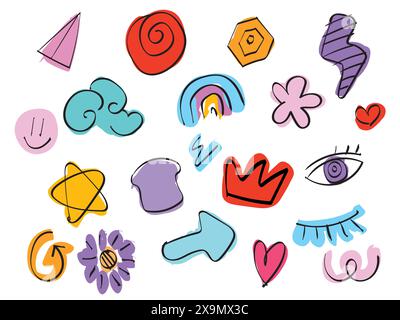 colorful gummy color of graphic decoration modern trendy collection hand drawing design from rainbow eyes love star shape arrow Stock Vector