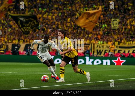 London, UK. 01st June, 2024. Marcel Sabitzer of Borussia Dortmund and Ferland Mendy of Real Madrid during Final - Borussia Dortmund vs Real Madrid, UEFA Champions League football match in London, England, June 01 2024 Credit: Independent Photo Agency/Alamy Live News Stock Photo
