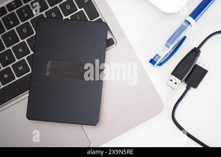 external hard drive on a laptop  Stock Photo