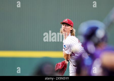 June 1, 2024: Razorback pitcher Hagen Smith #33 watches as his ball is ...