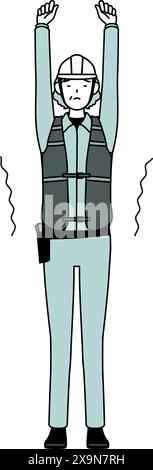 Senior female engineer in helmet and work wear stretching and standing tall, Vector Illustration Stock Vector