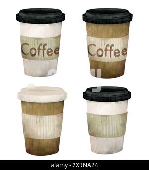 Image featuring four disposable coffee cups with lids and 'Coffee' labels in a neutral color palette. Isolated objects on a white background for the design of a booklet, flyer, e-pack, label or advertisement. Digital art in watercolor style. Stock Photo