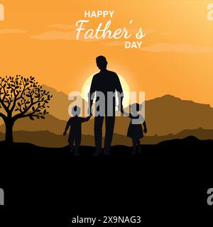 Happy Fathers day dad and kids beautiful silhouette sunset scene poster design vector illustration. Stock Vector