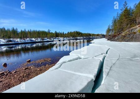 Breaking ice at riverside of Skellefte river in northern Sweden. Stock Photo