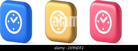 Alarm clock time countdown button deadline measurement 3d realistic blue gold and pink icons. Round timer with arrow for hours minute accuracy checkin Stock Vector