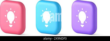 Light bulb illuminated innovation idea button brainstorming creative solution 3d realistic pink blue and purple icons. Lightbulb keyboard illumination Stock Vector