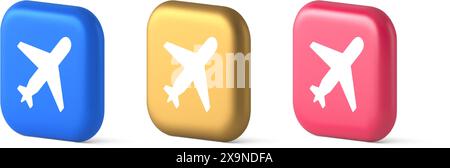 Airplane plane travel button flying vehicle commercial jet navigation 3d realistic blue gold and pink icons. Aircraft winged passenger transportation Stock Vector