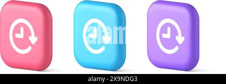 Clock in circle arrow button time countdown deadline chronometer 3d realistic pink blue and purple icons. Watch timing counter checking interval perio Stock Vector