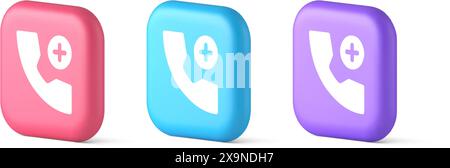 Phone call add contact communication button remotely voice conversation web interface app 3d realistic pink blue and purple icons. Telephone operation Stock Vector