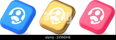Customer support helpdesk assistance button call helpline connection 3d realistic blue gold and pink icons. Hotline consulting information help center Stock Vector