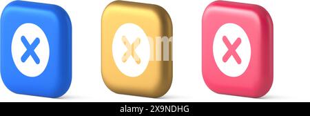 Cross button cancel reject decline negative forbidden fail 3d realistic blue gold and pink icons. Decayed deny remove ban wrong designator user interf Stock Vector