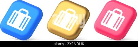Suitcase baggage briefcase button office business accessory travel tourism element 3d realistic blue gold and pink icons. Modern portfolio for things Stock Vector