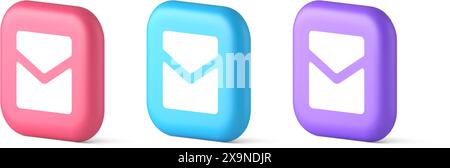 Email letter incoming message closed envelope mobile application button 3d realistic pink blue and purple icons. Mail newsletter document app badge in Stock Vector
