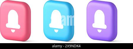 Handbell ring sound notification button incoming message call notification 3d realistic pink blue and purple icons. Bell incoming audio signal alarm w Stock Vector