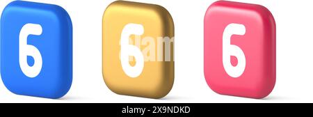 Six blue button number calculator finance counting user interface keyboard panel 3d realistic blue gold and pink icons. Sixth numeral character accoun Stock Vector