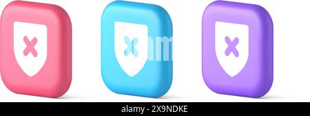 Decline shield button cross mark wrong unsend defense virtual guard 3d realistic pink blue and purple icons. Denied cancel element virtual user interf Stock Vector