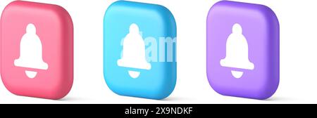 Bell ring audio sound button signal push reminder cyberspace web interface notification 3d realistic pink blue and purple icons. Alert incoming intern Stock Vector