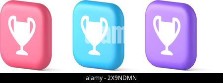 Cup trophy award best win achievement button first place game online connection 3d realistic pink blue and purple icons. Reward goblet success winner Stock Vector