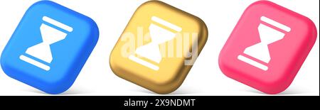 Hourglass sand watch time measurement button countdown minute hour period 3d realistic blue gold and pink icons. Sandglass timer running flow device v Stock Vector