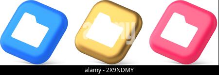 File folder archive directory button cyberspace digital document storage organizing 3d realistic blue gold and pink icons. Data information organizati Stock Vector