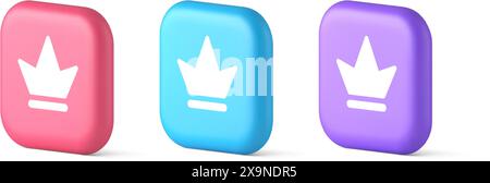 Crown button royal medieval king queen headdress web app 3d realistic speech bubble pink blue and purple icons. Corona power achievement success best Stock Vector