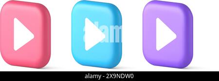 Play button triangle right arrow multimedia content player web app design 3d realistic pink blue and purple icons. Audio video media start pointer key Stock Vector