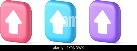 Arrow up button directional pointer cyberspace cursor 3d realistic speech bubble pink blue and purple icons. Upward click web app design control keybo Stock Vector