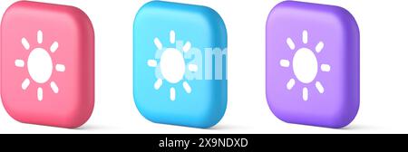 Brightness button sun light warm cold contrast digital interface 3d realistic speech bubble pink blue and purple icons. Bright intensity display digit Stock Vector