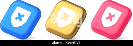 Decline shield button cross mark wrong unsend defense virtual guard 3d realistic blue gold and pink icons. Denied cancel element virtual user interfac Stock Vector