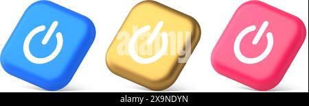 Shutdown turn on off button energy switch power start stop web app design 3d realistic blue gold and pink icons. Electricity connect control computer Stock Vector
