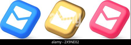 Email letter incoming message closed envelope mobile application button 3d realistic blue gold and pink icons. Mail newsletter document app badge inbo Stock Vector