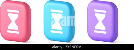 Hourglass sand watch time measurement button countdown minute hour period 3d realistic pink blue and purple icons. Sandglass timer running flow device Stock Vector