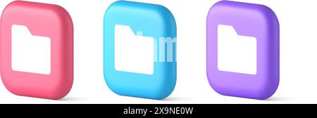 File folder archive directory button cyberspace digital document storage organizing 3d realistic pink blue and purple icons. Data information organiza Stock Vector