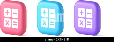 Calculator math counting button accounting balance checking mathematics financial keyboard 3d realistic pink blue and purple icons. Calculate electron Stock Vector