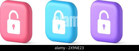 Open lock button cyberspace password security protection service 3d realistic pink blue and purple icons. Padlock accessibility unlock permission digi Stock Vector